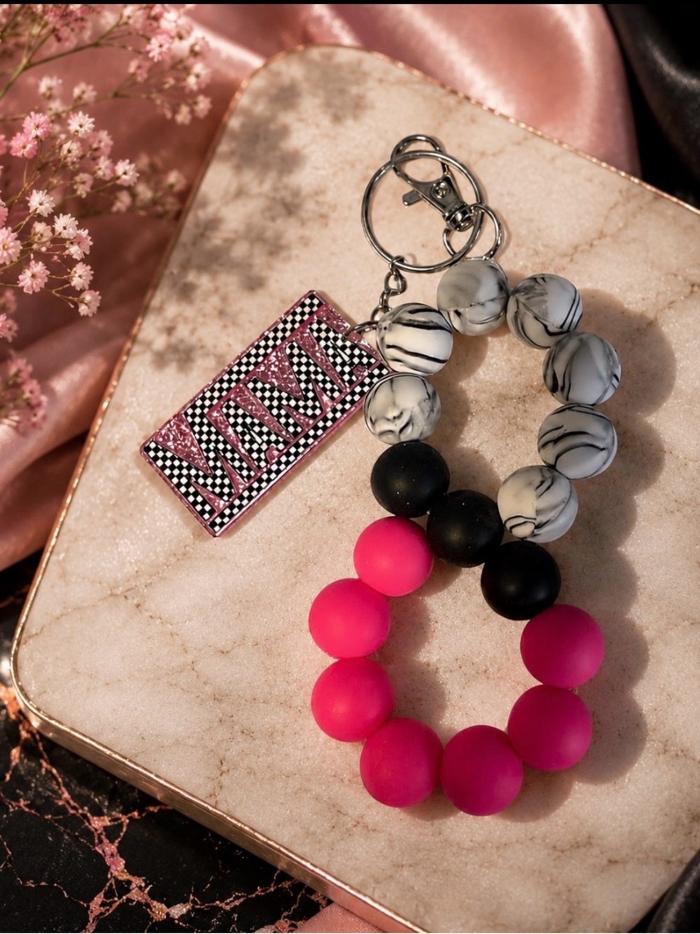 Handmade Beaded Infinity Keychain - Pink & Marble with Mama Charm